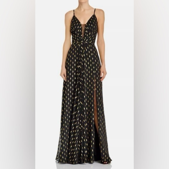 *NWT* AQUA / Metallic Gold Print Plunging Illusion Gown / Black,Gold / 10 - Picture 2 of 11